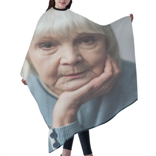 Personality  Portrait Of Sad Senior Woman Propping Chin With Hand And Looking At Camera Hair Cutting Cape