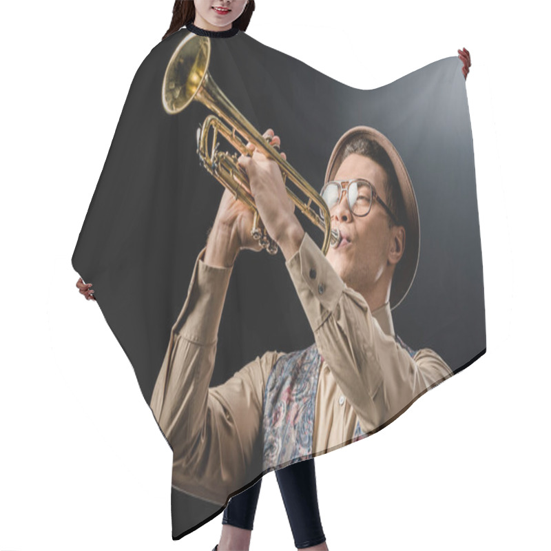 Personality  Young Male Jazzman In Hat And Eyeglasses Playing On Trumpet Isolated On Black Hair Cutting Cape