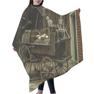 Personality  An Old Wooden Carriage With Skeletons And Pumpkins On It In A Building Hair Cutting Cape