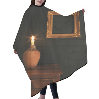 Personality  Gold Frame On A Black Brick Wall And Candle Hair Cutting Cape