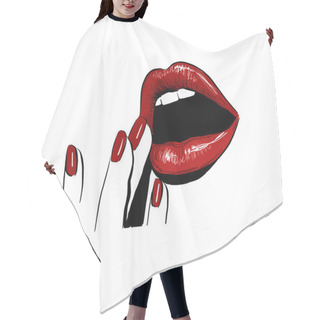 Personality  Sensual Juicy Opened Red Lips With Fingers Hair Cutting Cape