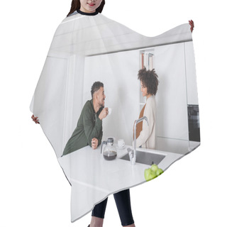 Personality  Happy African American Man Looking At Pregnant Wife While Holding Coffee Pot In Kitchen  Hair Cutting Cape