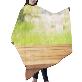 Personality  Empty Wooden Table Over Bokeh Natural Background Hair Cutting Cape