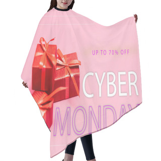Personality  Red Gift Boxes Near Up To 70 Percent Off, Cyber Monday Lettering On Pink Blurred Background Hair Cutting Cape