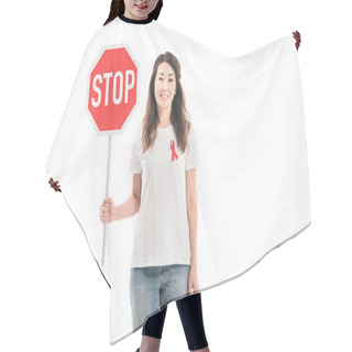 Personality  Smiling Adult Asian Woman With Aids Awareness Red Ribbon On T-shirt Holding Stop Road Sign Isolated On White Hair Cutting Cape