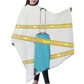 Personality  Blue Suitcase In Yellow And Black Hazard Warning Safety Tape With Quarantine Zone Illustration On White, Coronavirus Concept Hair Cutting Cape