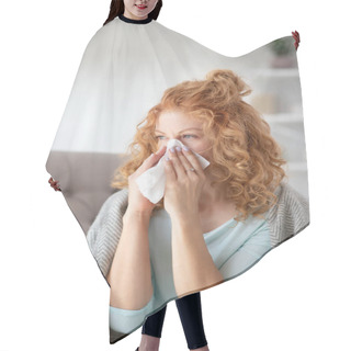 Personality  Woman Having Sneeze While Suffering From Epidemic Hair Cutting Cape