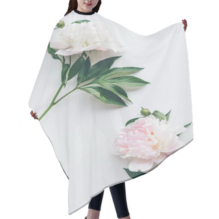 Personality  Top View Of Light Pink Peony Flowers With Leaves On White Hair Cutting Cape