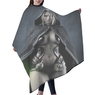 Personality  Portrait Of A Powerful Fantasy Dark Elf Female Sorceress Preparing A Spell ,with White Long Hair And Wearing A Leather Seductive Outfit With Dark Hooded Cloak. 3d Rendering . Fantasy Illustration Hair Cutting Cape