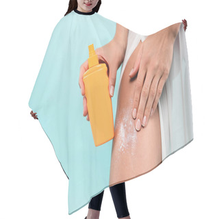 Personality  Partial View Of Young Woman Applying Sunblock On Leg Isolated On Blue Hair Cutting Cape