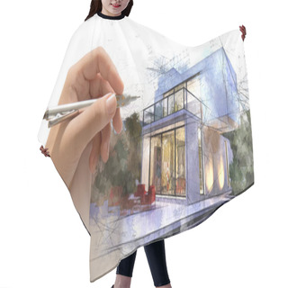 Personality  Hand Drafting A White Villa With Pool Hair Cutting Cape