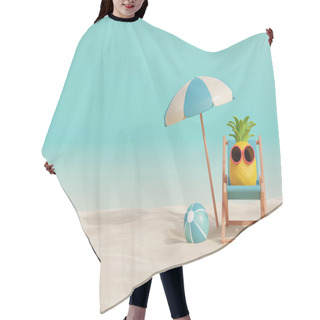 Personality  3d Pineapple Wearing Sunglasses With Beach Chair And Umbrella, Summer Tropical Beach On A Sunny Day. Summer Vacation. 3d Rendering Hair Cutting Cape
