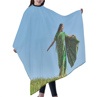 Personality  Summer Day, Carefree Indian Woman In Authentic Wear Walking In Green Field Under Blue Sky Hair Cutting Cape