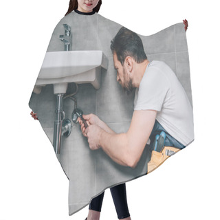 Personality  Side View Of Male Plumber In Working Overall Fixing Sink By Spanner In Bathroom  Hair Cutting Cape