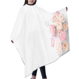 Personality  Beautiful Roses And Space For Text On White Background, Top View Hair Cutting Cape