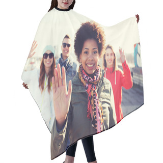 Personality  Happy Teenage Friends Waving Hands On City Street Hair Cutting Cape
