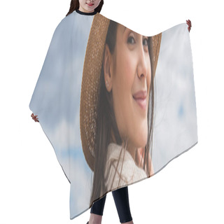 Personality  Pleased Young Woman In Sun Hat Against Blue Sky, Banner Hair Cutting Cape