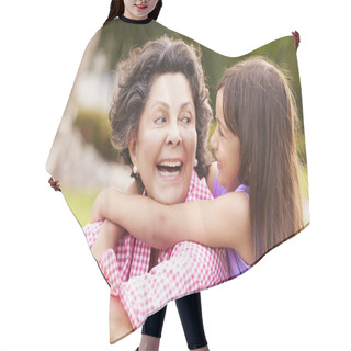 Personality  Grandmother And Granddaughter Sitting In Park Hair Cutting Cape