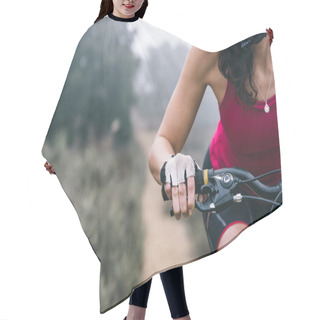 Personality  Woman Making Downhill With Mountain Bike. Concept About People A Hair Cutting Cape