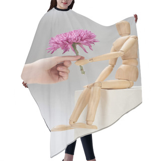 Personality  Cropped View Of Woman And Wooden Doll Holding Aster On Grey Background Hair Cutting Cape