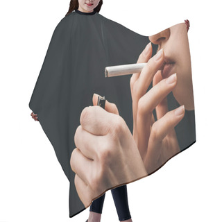 Personality  Side View Of Young Woman Lighting Cigarette With Lighter Isolated On Black  Hair Cutting Cape