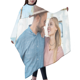 Personality  Happy Young Couple Hugging Near Camper Van In Forest Hair Cutting Cape
