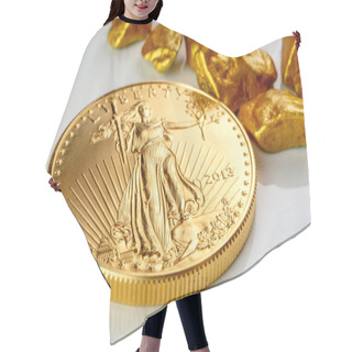 Personality  Golden American Eagle One Ounce Coin Laying On A Heap Of Golden Nuggets, Golden Ore On White Background Isolated With Plenty Copy Space Hair Cutting Cape