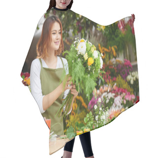 Personality  Asian Florist Wearing Apron Standing At Counter And Making Bouquet For Client, Interior Of Flower Shop On Background Hair Cutting Cape