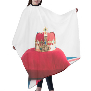 Personality  Golden Crown On Pillow And British Flag Isolated On White Hair Cutting Cape
