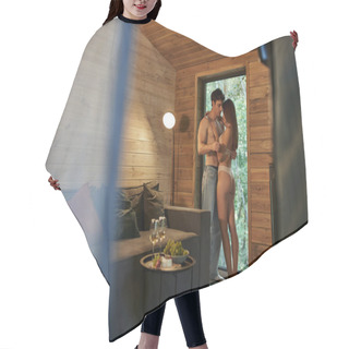 Personality  Sensual Woman In Underwear Hugging Shirtless Boyfriend Near Food And Wine In Vacation House Hair Cutting Cape