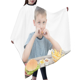 Personality  A Preschool Boy Sits At A Table And Eats French Fries. The Child Is Happy, Looks At The Camera. The Idea Is That Children Love Fast Food, Although It Is Harmful For Baby Food. Horizontal Photo Hair Cutting Cape