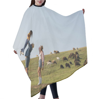 Personality  Side View Of Farmer Raising Up Daughter Near Wife And Herd Grazing In Green Pasture Hair Cutting Cape