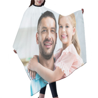 Personality  Happy Father And Daughter Hugging And Smiling At Camera Hair Cutting Cape