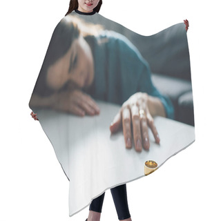 Personality  Selective Focus Of Upset Woman Reaching Golden Ring On Coffee Table, Divorce Concept  Hair Cutting Cape