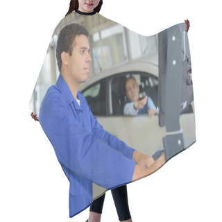 Personality  Mechanics Working In Vehicle Test Station Hair Cutting Cape