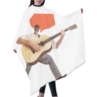 Personality  Poster. Contemporary Art Collage. Young Man With Small Body And Long Legs And Arms Playing New Melody On Guitar. Concept Of Music And Dance, Self-expression, Inspiration. Trendy Urban Magazine Style Hair Cutting Cape