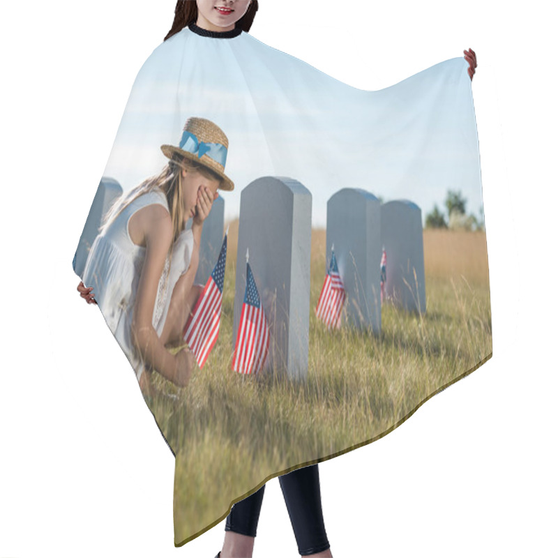 Personality  Kid In Straw Hat Covering Face While Sitting Near Headstones With American Flags  Hair Cutting Cape