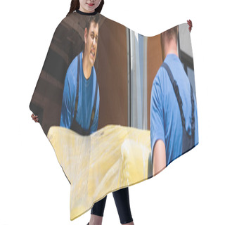 Personality  Panoramic Orientation Of Movers Unloading Couch In Stretch Wrap In Truck Outdoors  Hair Cutting Cape