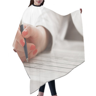 Personality  Business Woman Working With Tax Documents. Hair Cutting Cape