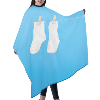 Personality  Close-up View Of Clean White Socks Hanging On Clothesline Isolated On Blue  Hair Cutting Cape