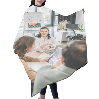 Personality  Happy Team Lead Talking To Colleagues And Discussing Startup Project Together In Coworking Space Hair Cutting Cape