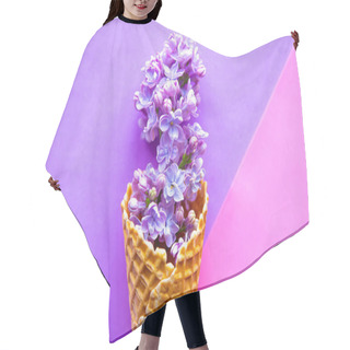 Personality  Lilac Blooming Branch In Waffle Cone On Geometric Purple Background. Minimal Concept Hair Cutting Cape