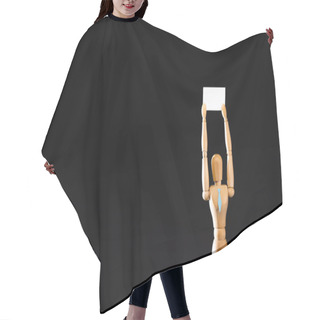 Personality  Wooden Marionette In Tie Holding Blank Placard Isolated On Black Hair Cutting Cape