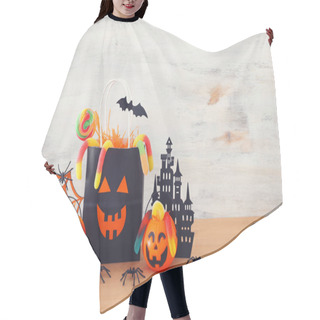 Personality  Holidays Image Of Halloween. Pumpkins, Bats, Treats, Paper Gift Bag Over Wooden Table Hair Cutting Cape