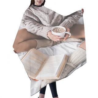Personality  Cropped View Of Woman In Sweater And Knitted Socks Sitting In Bed With Mug Of Hot Cocoa And Book At Morning Hair Cutting Cape