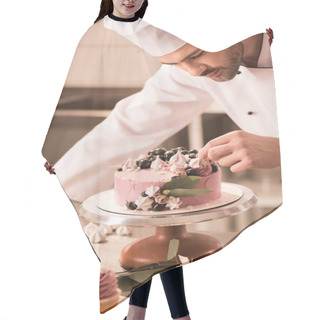 Personality  Portrait Of Confectioner Decorating Cake In Restaurant Kitchen Hair Cutting Cape