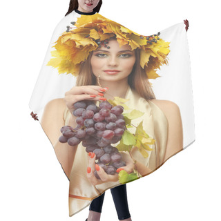 Personality  Beautiful Young Woman With Yellow Autumn Wreath And Grapes, Isolated On White Hair Cutting Cape