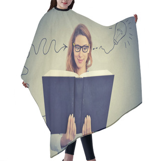 Personality  Woman In Glasses Reading Big Book Comes Up With An Idea Hair Cutting Cape