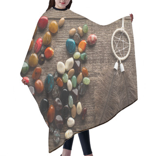 Personality  Top View Of Fortune Telling Stones And Dreamcatcher With Feathers On Wooden Surface Hair Cutting Cape