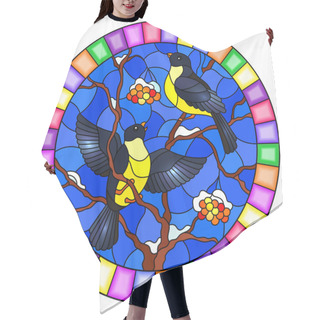 Personality  Illustration In Stained Glass Style With A Pair Of Great Tits Birds On The Branches Of A Rowan Tree On The Background Of Snow, Berries And Sky, Round Image In Bright Fram Hair Cutting Cape